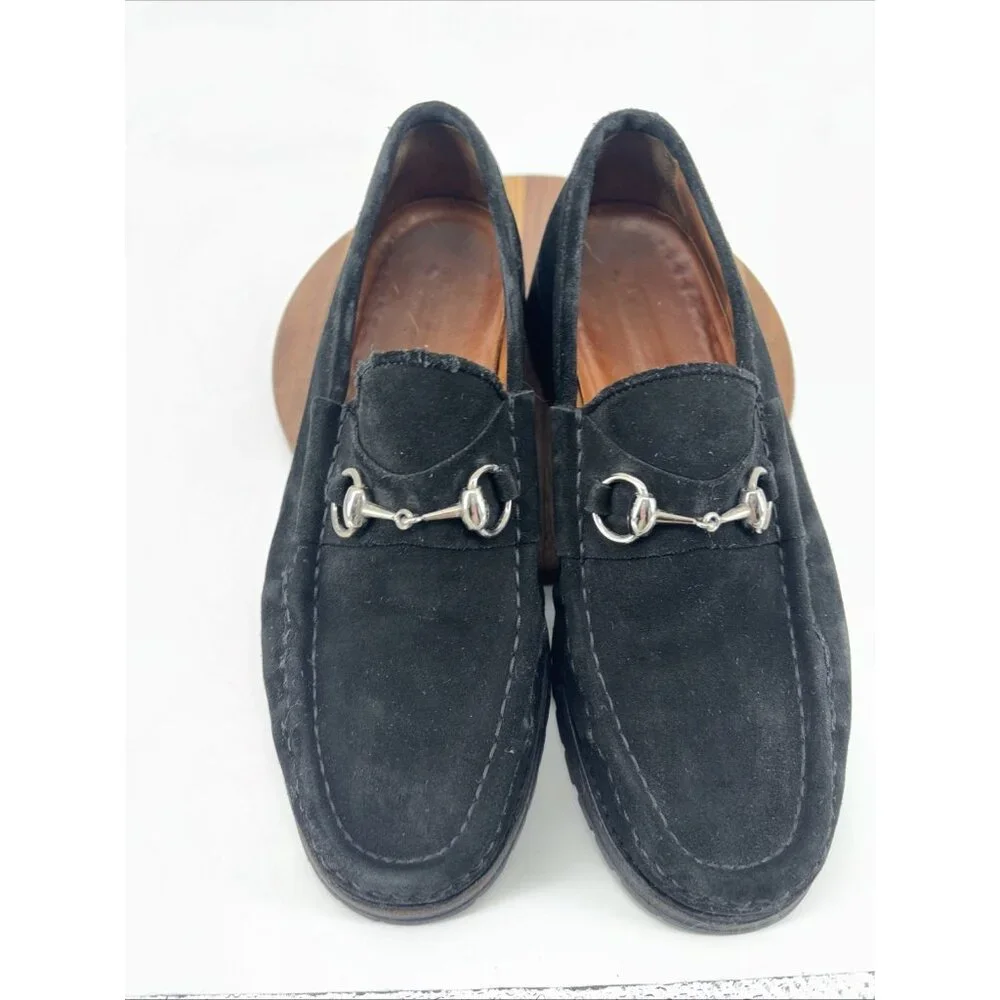 Gucci Men horsebit Loafers slipon US8 1/2D Black suede lug sole solid Gorgeous - Picture 2 of 16